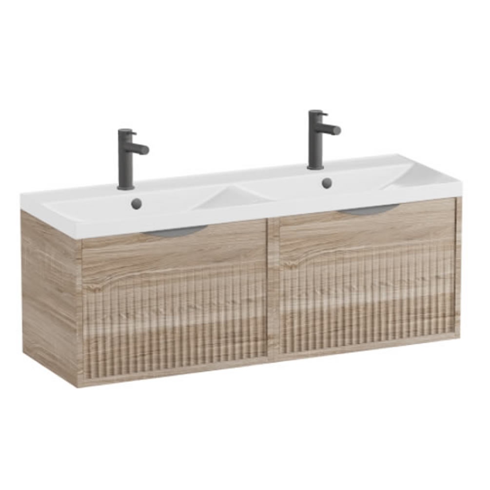 Vado Safari Fluted 1200mm Natural Oak Wall Hung Vanity Unit & Gloss White Basin